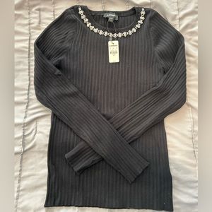 EXPRESS Black Ribbed Sweater with Jeweled Collar